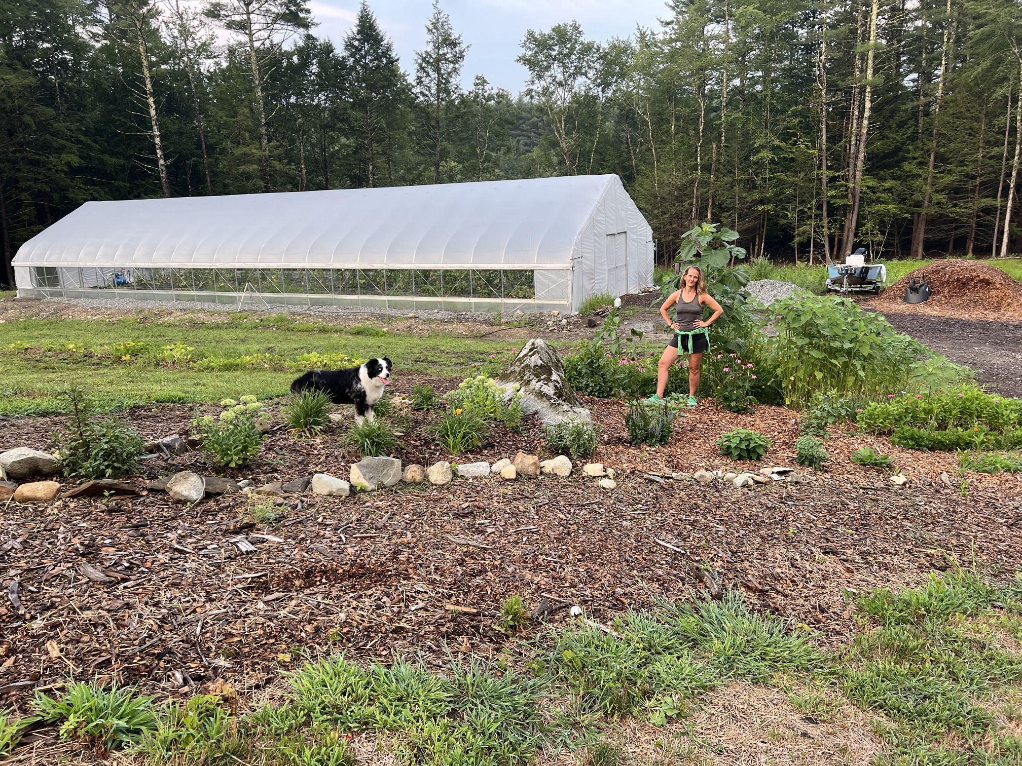 30x96 high tunnel with perennial garden and mulched beds — Rooted Family Farm, Newfields NH