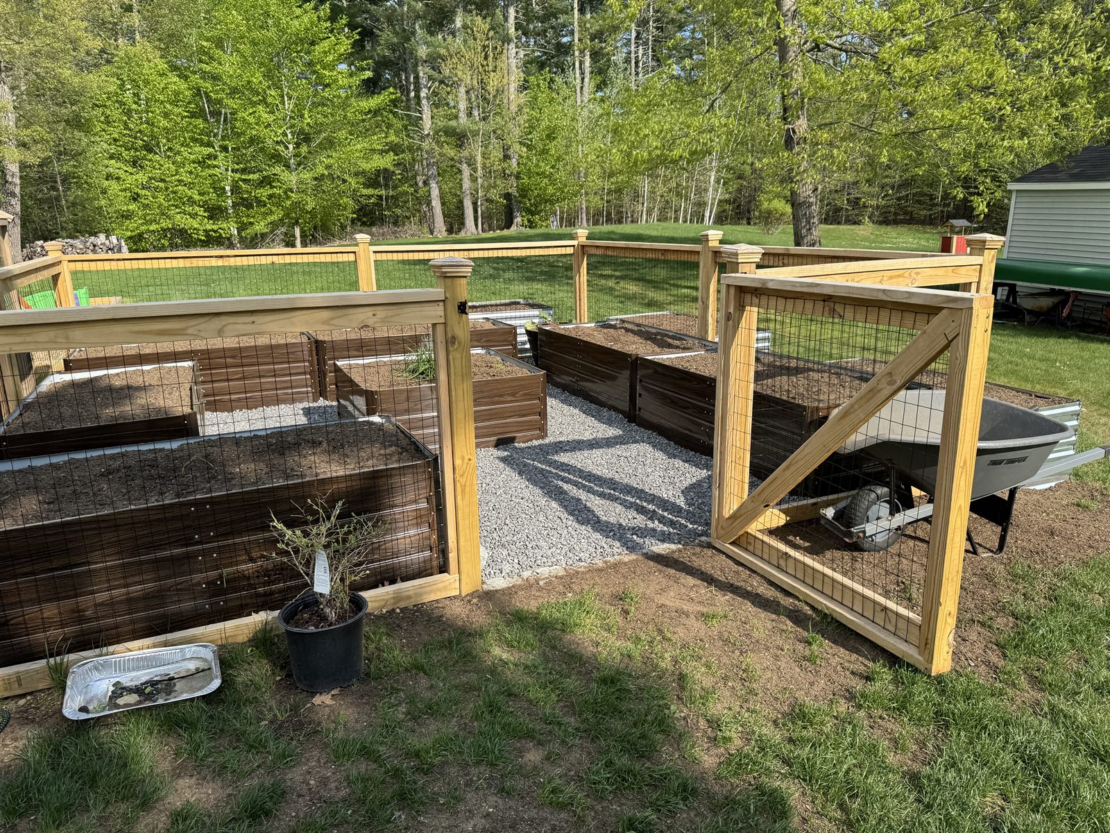 Cedar raised beds and gravel pathways inside a fenced garden — GSS, New Hampshire
