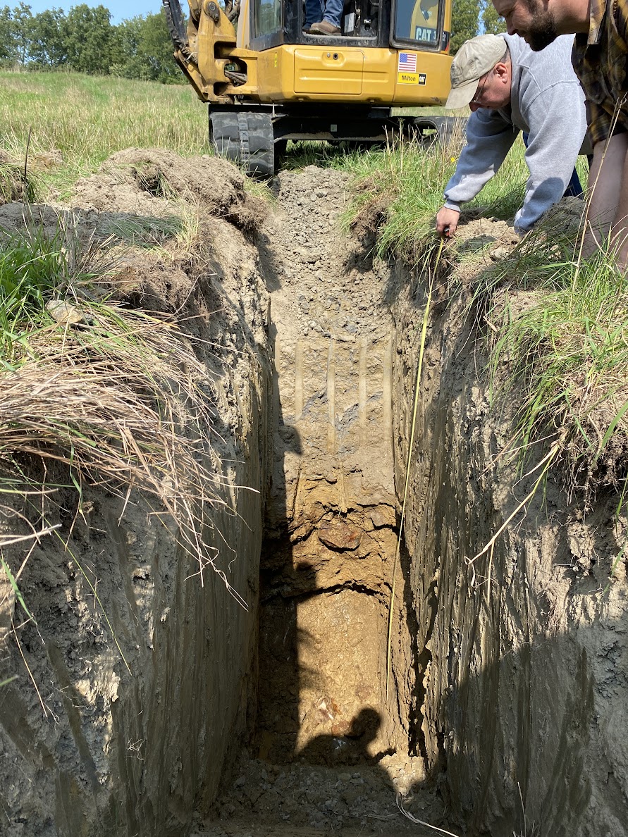 Soil profile excavation — GSS field investigation with CAT excavator, Seacoast NH